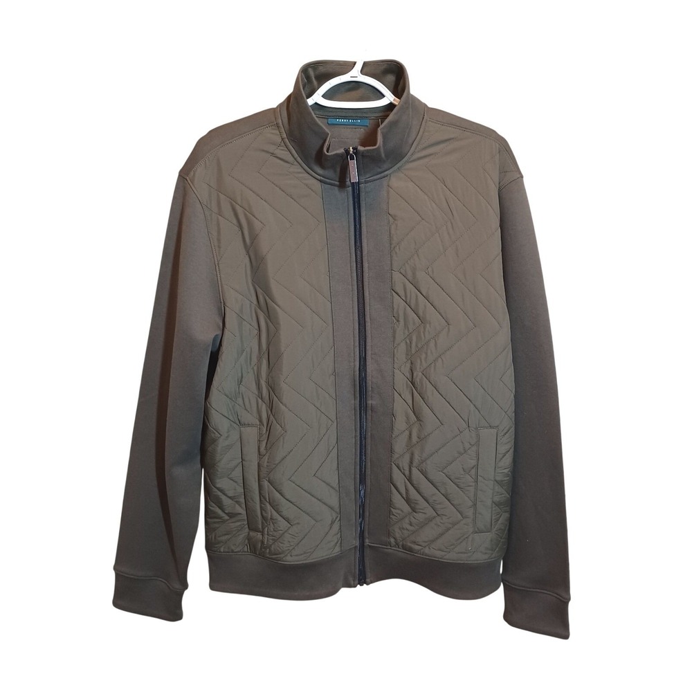 Perry Ellis Mens Quilted Front Hybrid Full Zip Jacket Olive Green Large NWT - Picture 2 of 13